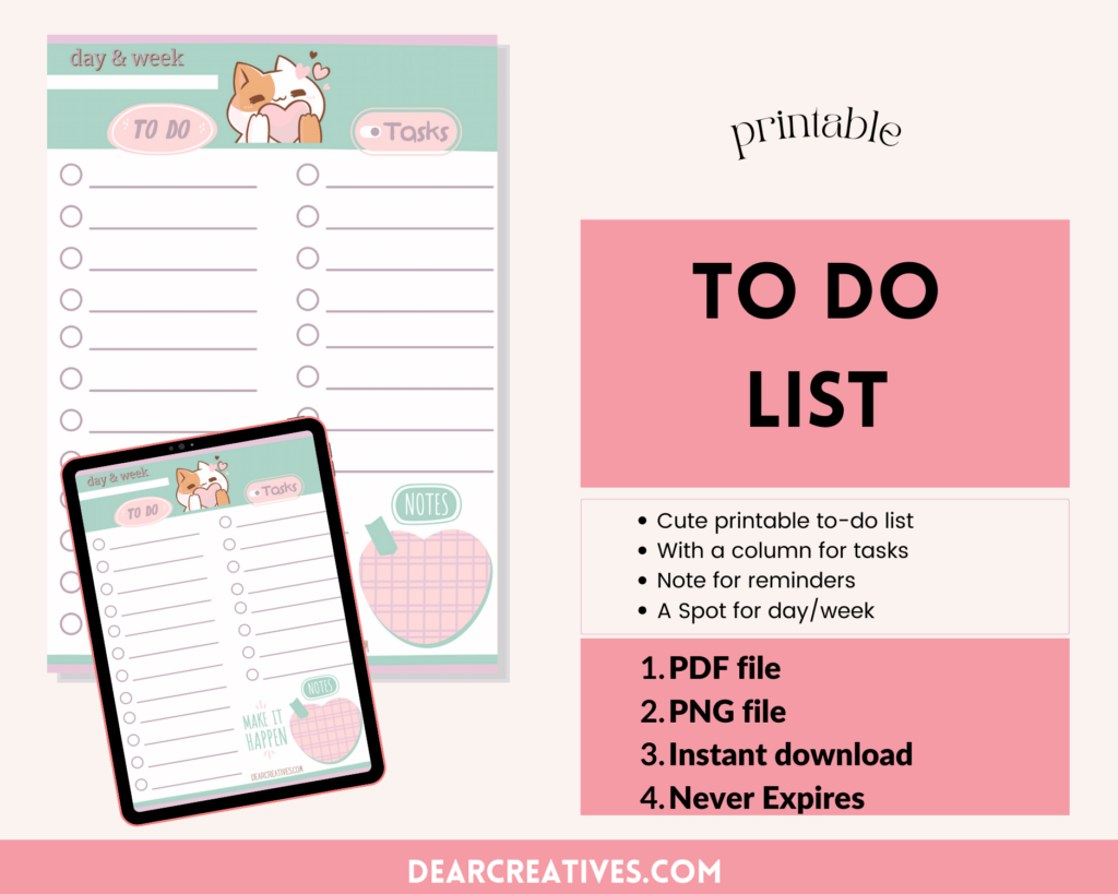 Printable To Do List With Task Section and a spot for reminders. Get this cute to do list at DearCreatives.com ©2024 Theresa Huse