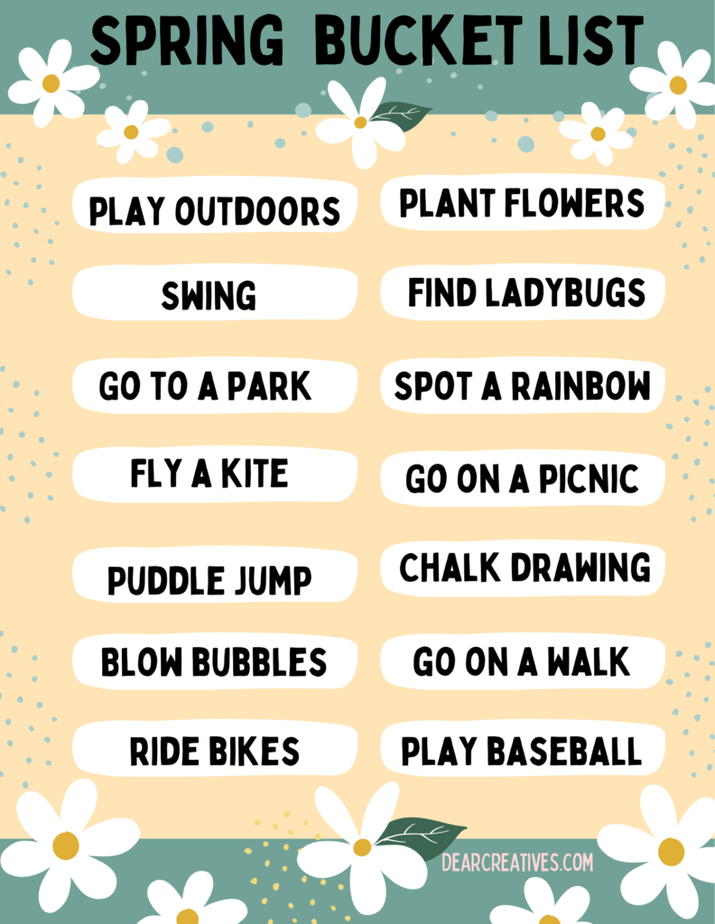 Spring Bucket List - Printable PNG file - Cute spring bucket list for kids. Find this and more printable designs for kids, families, and adults. DearCreatives.com