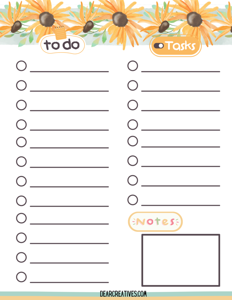 To Do Checklist Printable with to do list, tasks, and a space for notes. This checklist is blank, lined, and has checkboxes. It comes with a cute design at the top. Get the free printable at DearCreatives.com