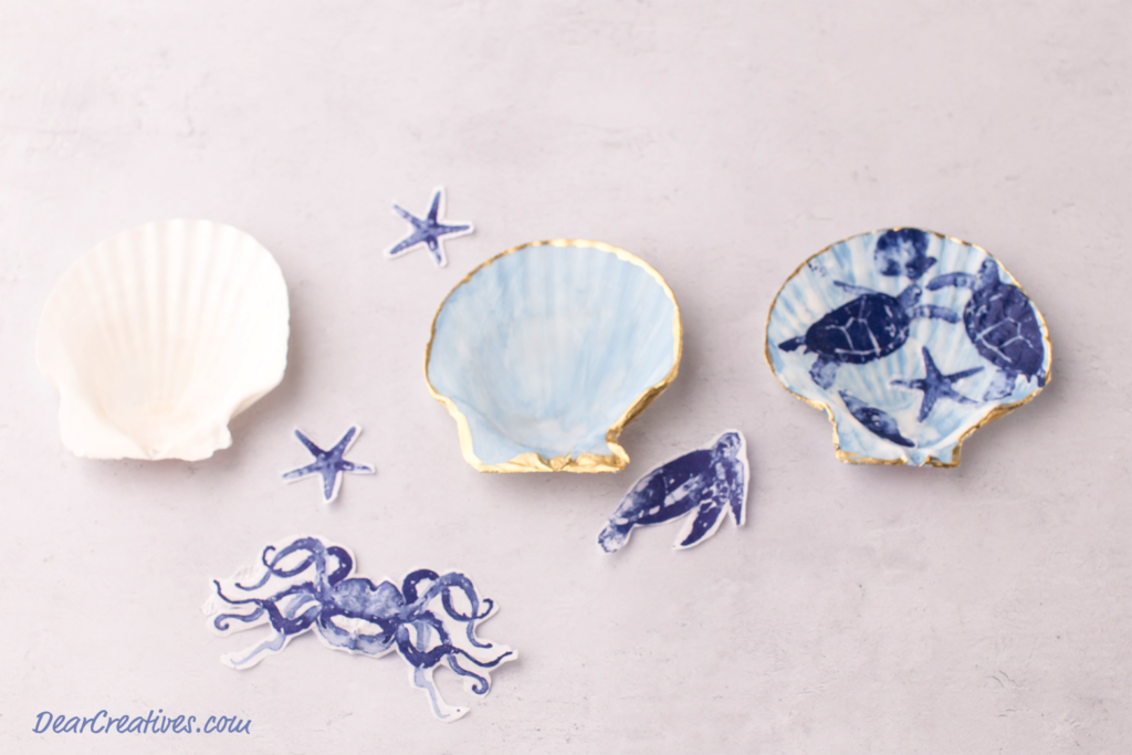 Beach Craft With Beachsells Decoupage Seashells - process steps seashell, painted sea shell, seashell with decoupage - ©2024 Theresa Huse DearCreatives.com