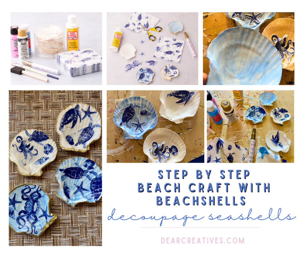 Decoupage Seashells - step by step directions beach craft with beachshells - how to decoupage seashells... instructions with images and written instructions at DearCreatives.com