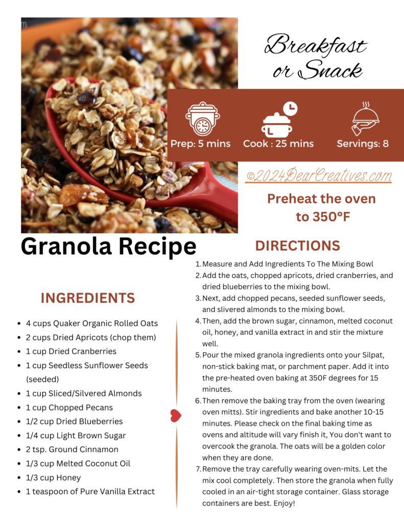 Printable Granola Recipe - ©2024 DearCreatives.com click over to get the printable