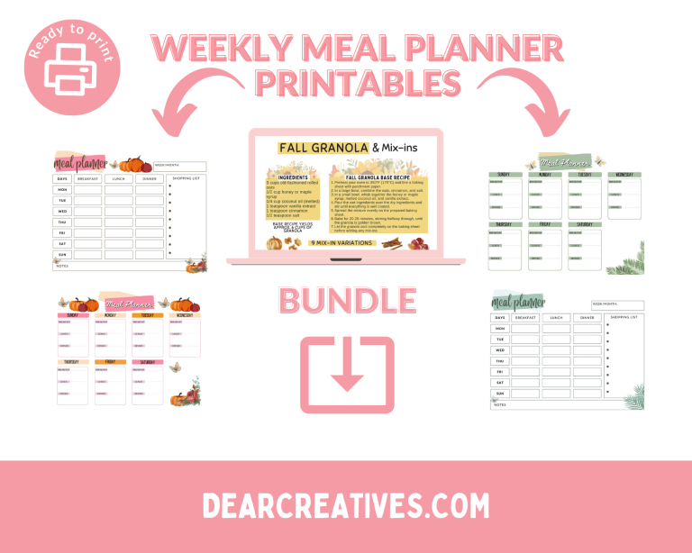 Weekly Meal Planner Printable - Set of two different styles of weekly meal planners. One meal planner and a shopping list... Click over to find out more! They are so pretty! Get the meal planner bundle ©2026 DearCreatives.com