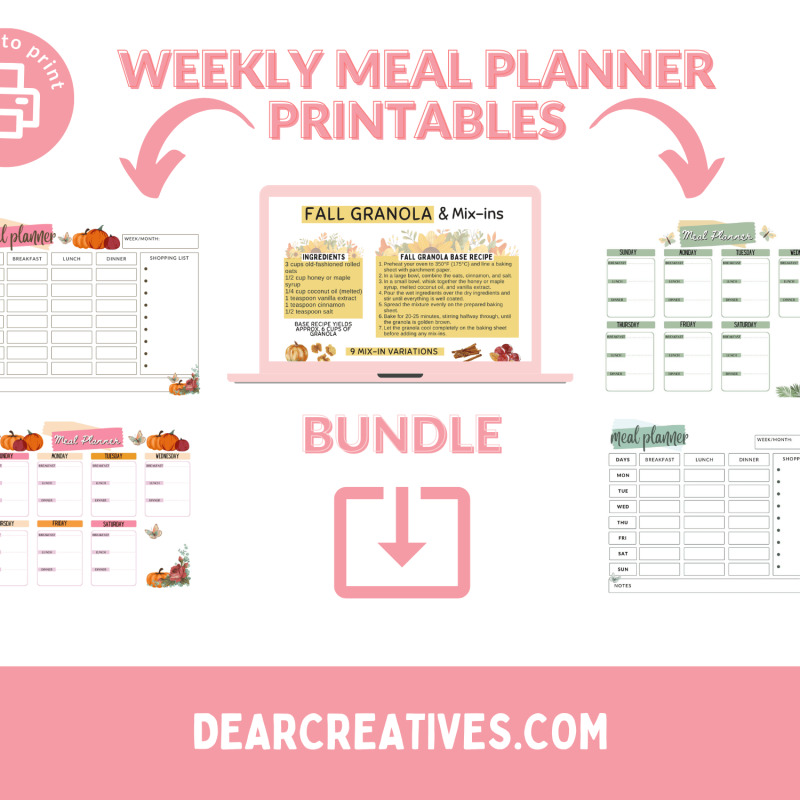 Weekly Meal Planner Printable - Set of two different styles of weekly meal planners. One meal planner and a shopping list... Click over to find out more! They are so pretty! Get the meal planner bundle ©2026 DearCreatives.com
