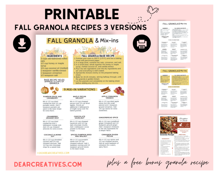 granola recipe printables 3 versions plus a free bonus granola recipe ©2024 DearCreatives.com