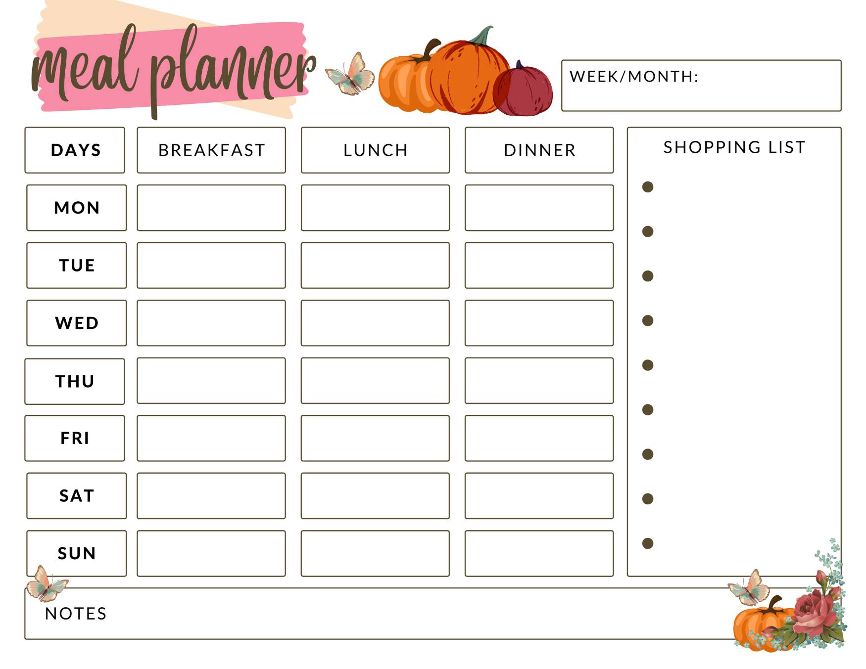 weekly meal planner mockup of the fall template with pretty flowers, butterflies and pumpkins. part of a bundle of meal planner printables. DearCreatives.com