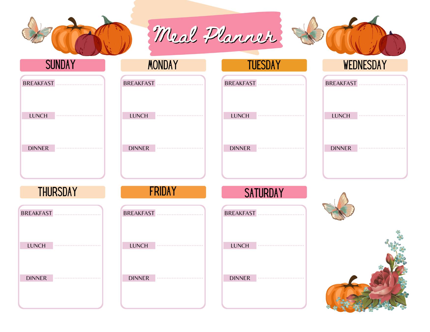 weekly meal planner template with days of the week, breakfast, lunch, dinner, and pretty fall graphics. ©DearCreatives.com
