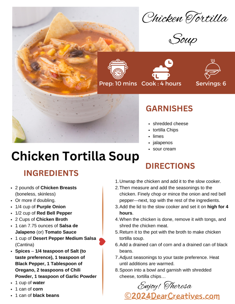 Printable Chicken Tortilla Soup Recipe - ©2024DearCreatives.com 