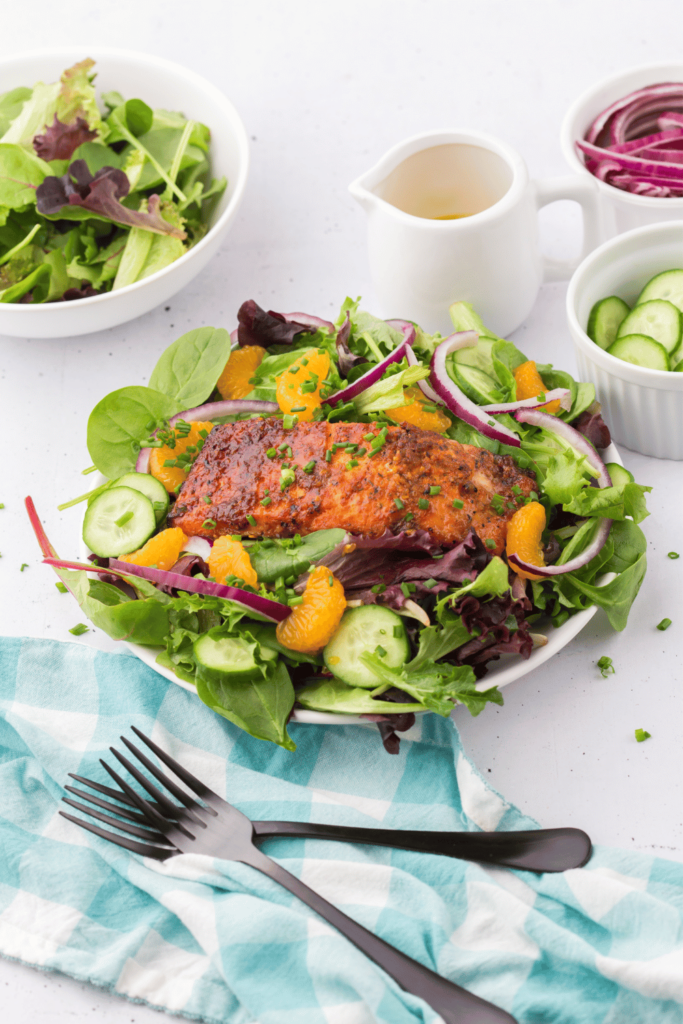 Salmon Salad Recipe Tasty, healthy, quick and easy to make! Fresh salad or spring mix salad greens, mini cucumbers, red onion... DearCreatives.com