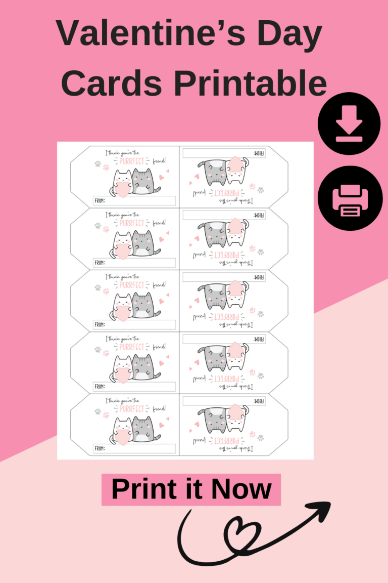 Valentine's Day Card Printables - Free printable sheet of Cute Valentine's Day Cards to print. You can use a hole punch and take ribbon to tie them onto a gift or candy... Get and download the file DearCreatives.com (print to use as Valentine's Day classroom cards or Valentine's Day gift cards). Two cute cats, hearts, place for signature...