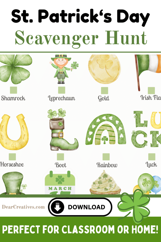 A vertical graphic titled 'St. Patrick's Day Scavenger Hunt' featuring watercolor illustrations of a shamrock, a leprechaun, a pot of gold, and a rainbow. The design uses a soft green and gold color palette on a clean white background with a checklist format for children to follow.