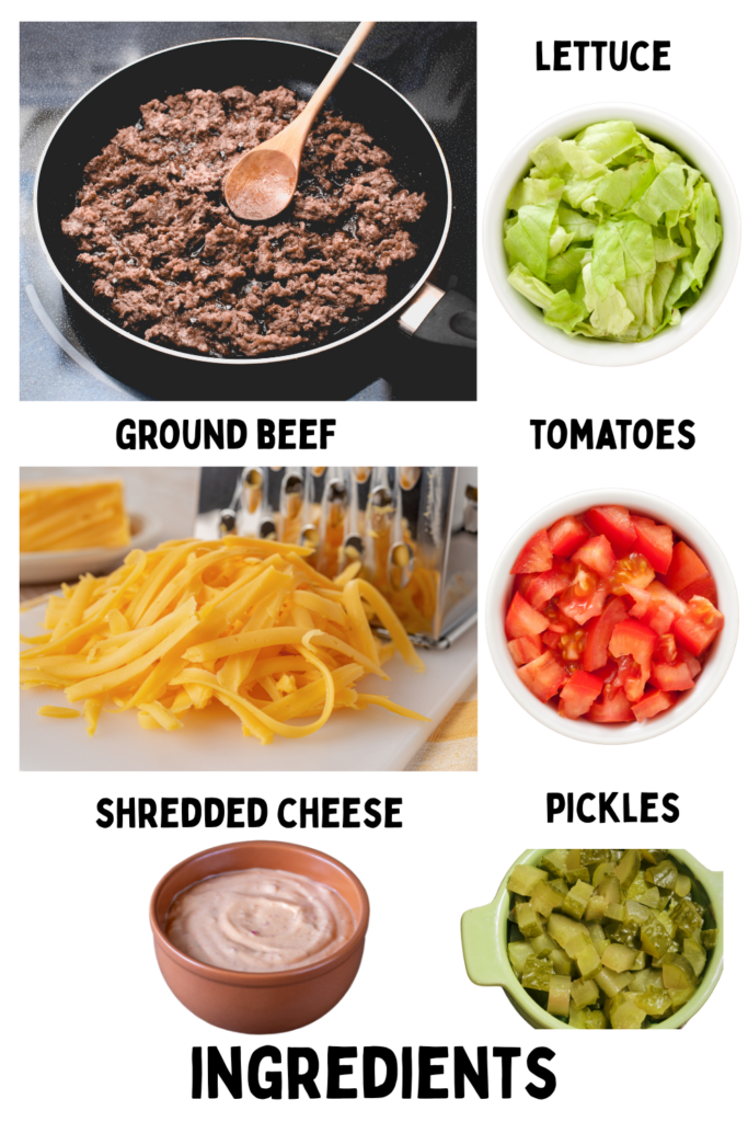 Big Mac Salad Ingredients - Ground beef, lettuce, tomatoes, pickles, shredded cheese, Big Mac Salad dressing. Get the recipe at DearCreatives.com