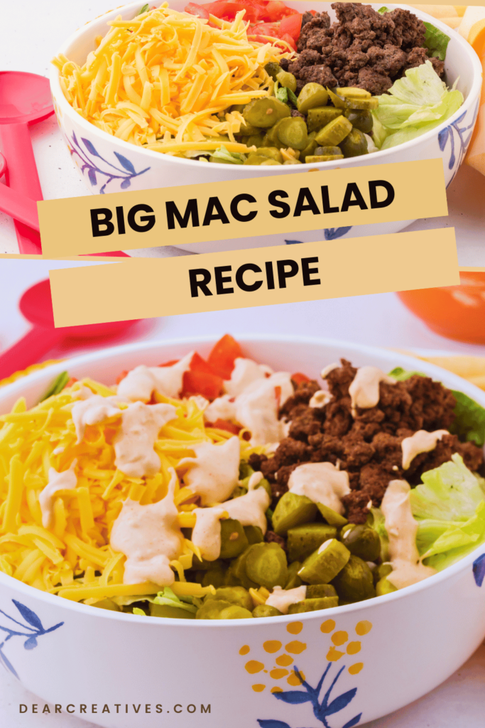 Big Mac Salad Recipe - Lean ground beef, iceberg lettuce, dill pickles, shredded cheddar cheese, diced tomatoes, and the Big Mac Salad dressing recipe make a great dinner any night of the week or for your next backyard gathering or barbecue.  Get the recipe for the chopped green salad with hamburger and dressing recipe at DearCreatives.com 