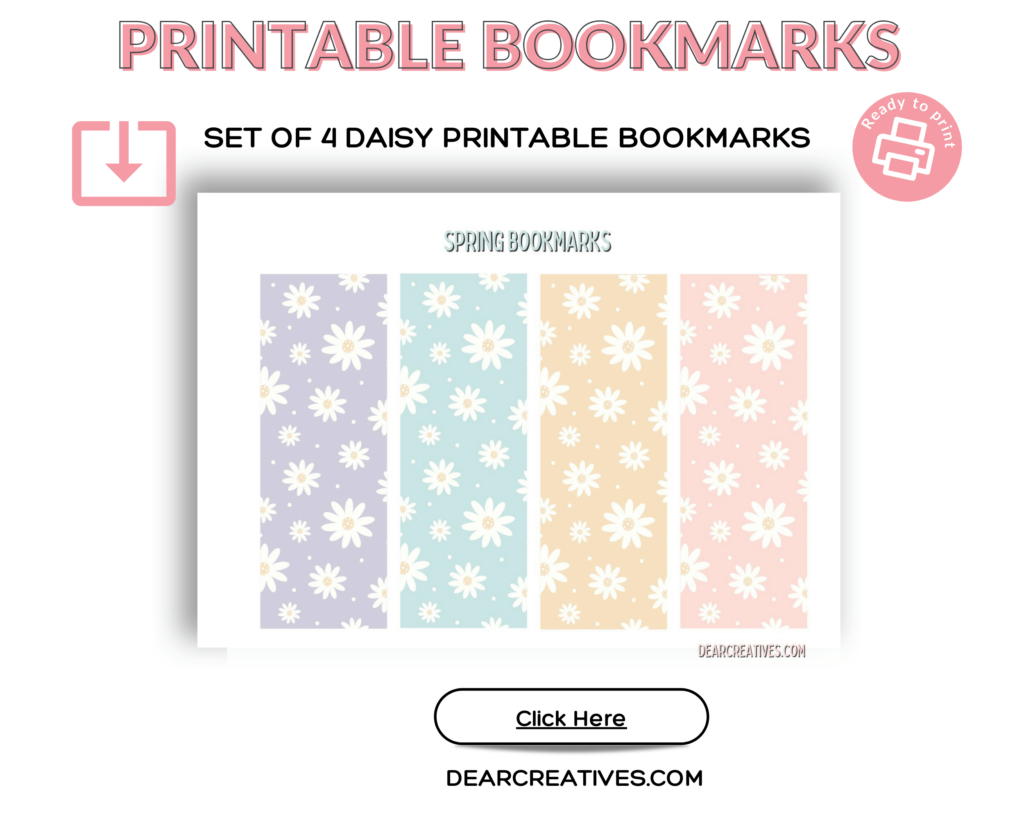 Printable Bookmarks Daisy Design - Set of 4 Daisy Printable Bookmarks in Pretty Colors. Click over to find out more! They are so pretty! DearCreatives.com