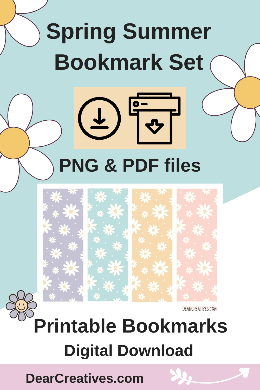 Printable Bookmarks - Spring Summer Bookmark Set With Cute Daisies and pretty colors. Get the PNG PDF files print and enjoy the bookmarks! DearCreatives.com 
