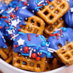 Chocolate Covered Pretzels Easy no bake patriotic snack treat for Memorial Day or the 4th of July. Easy recipe and directions. Colors and sprinkles can be changed for other occasions...DearCreatives.com