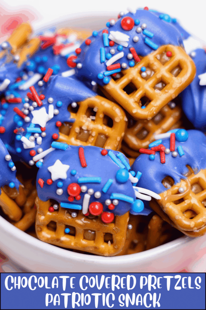 Chocolate Covered Pretzels Easy no bake patriotic snack treat for Memorial Day or the 4th of July. Easy recipe and directions. Colors and sprinkles can be changed for other occasions...DearCreatives.com