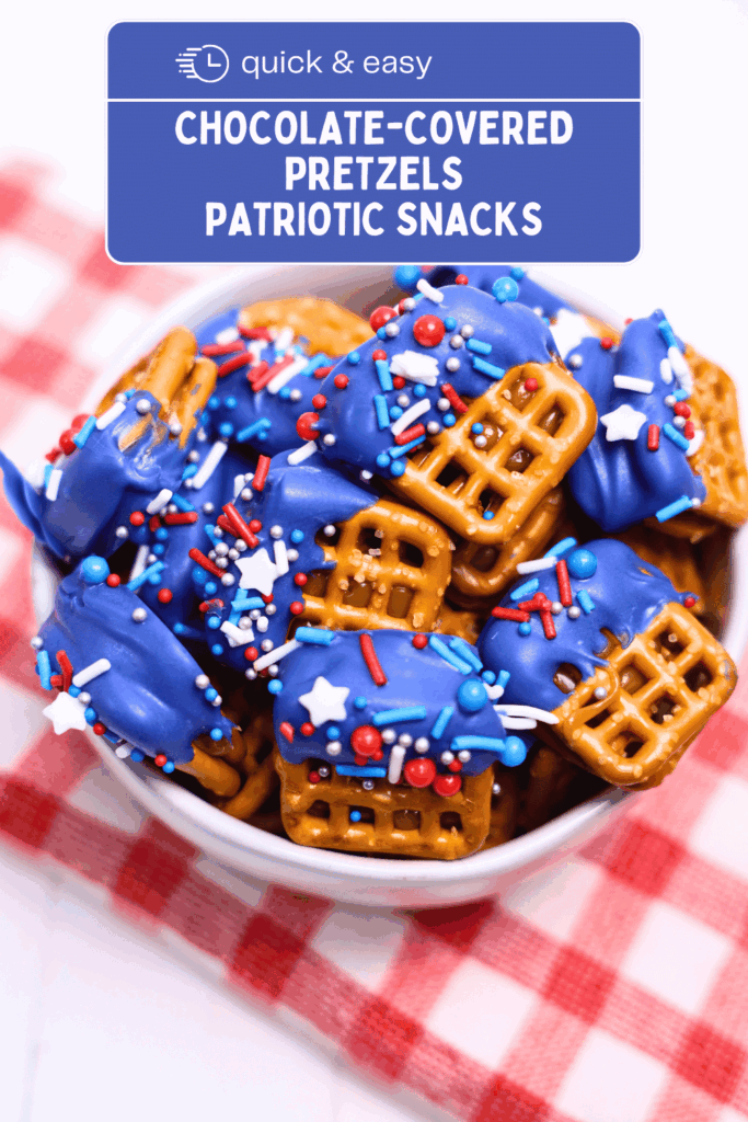 Chocolate Covered Pretzels Quick and Easy  4 ingredients, no-bake Patriotic snack or Patriotic treat for Memorial Day or the 4th of July. Can be made for other occasions. DearCreatives.com 