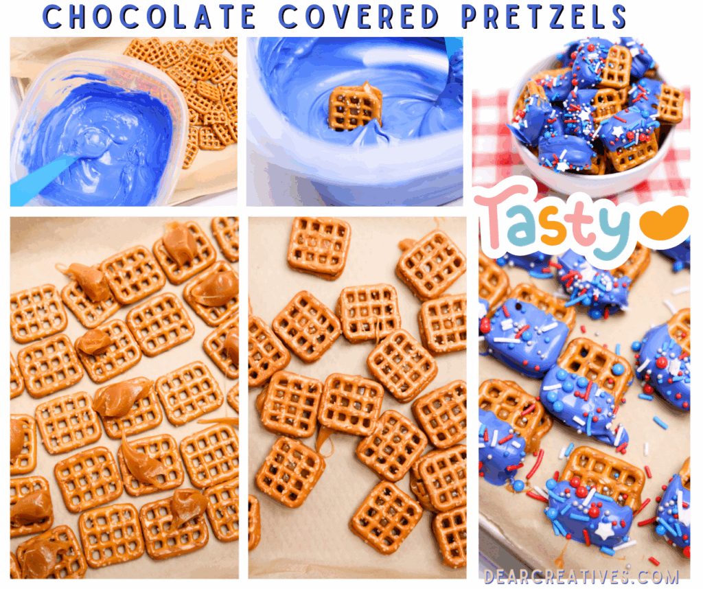 How To Make Chocolate Covered Pretzels - This patriotic treat recipe has a caramel center... quick and easy recipe at DearCreatives.com