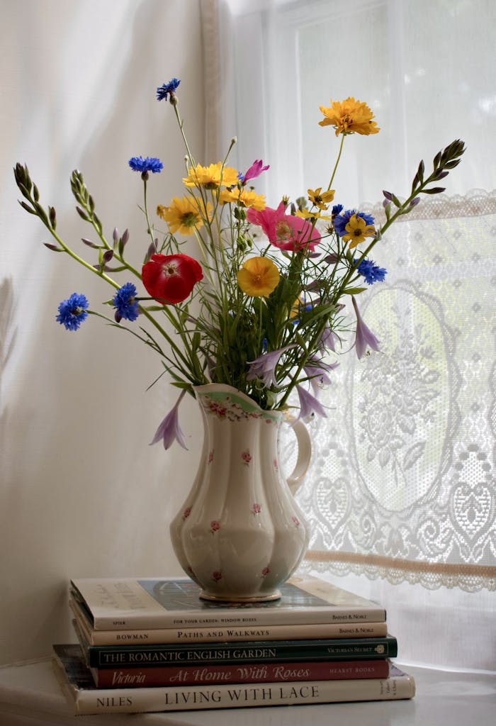A simple way to add cottagecore to the home:Vibrant wildflowers arranged in a vintage floral vase atop books by a lace curtain.
