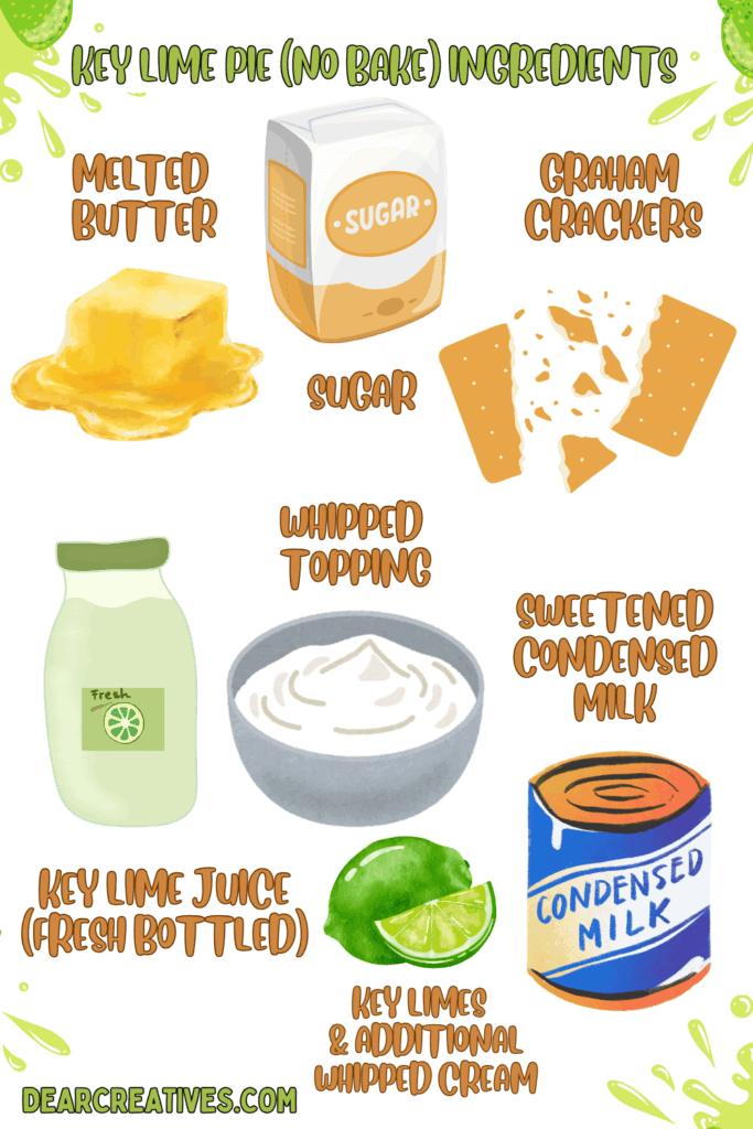 Ingredients list of for key lime pie with graham cracker crust - melted butter, sugar, graham crackers, whipped topping, sweetened condensed milk, key lime juice... Get the pie recipe at DearCreatives.com 