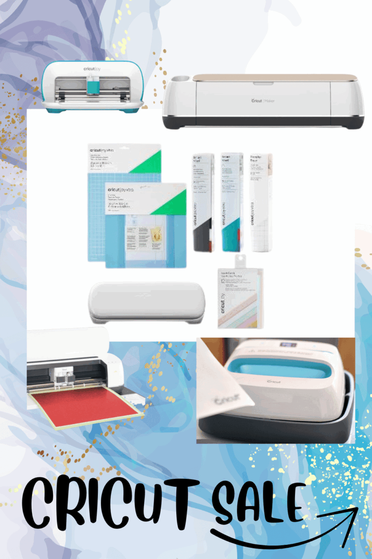 A collage of Cricut machines and crafting supplies, including the Cricut Maker, Cricut Joy, and various vinyl rolls, highlighting a sale.