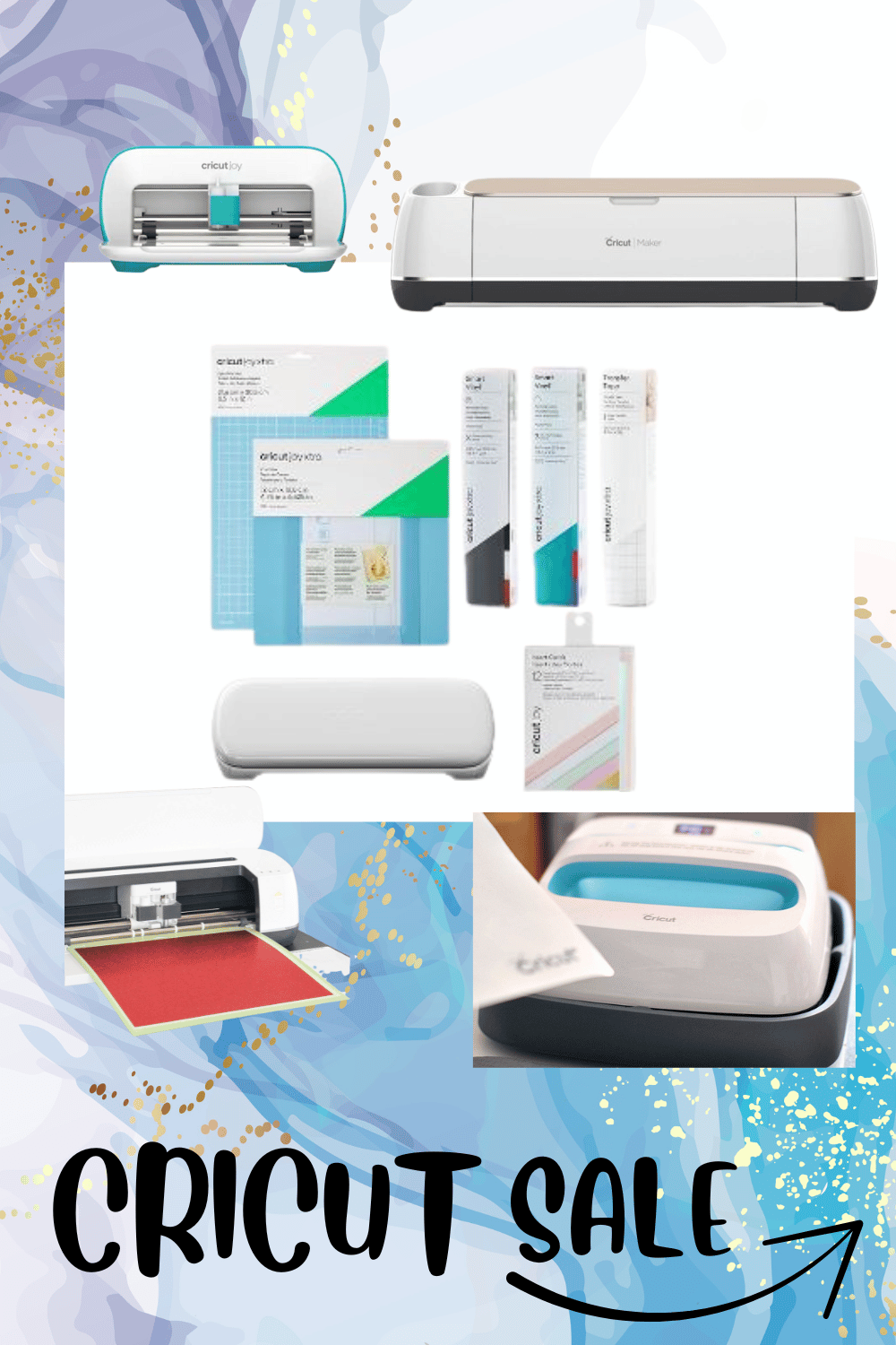 A collage of Cricut machines and crafting supplies, including the Cricut Maker, Cricut Joy, and various vinyl rolls, highlighting a sale.