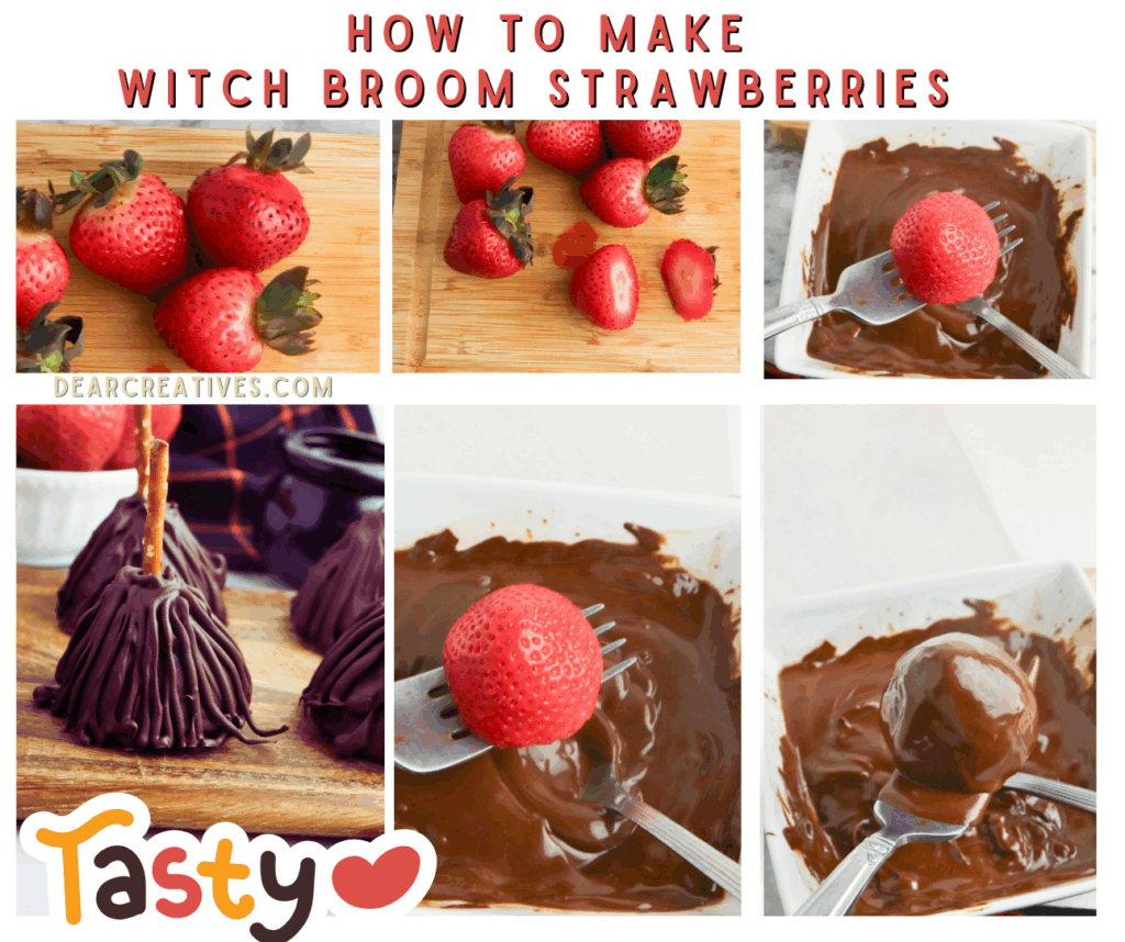 Halloween Chocolate Covered Strawberries The Dipped chocolate covered strawberries look like Witch Brooms. Get the tips and recipe for witch broom strawberries. Dear Creatives.com