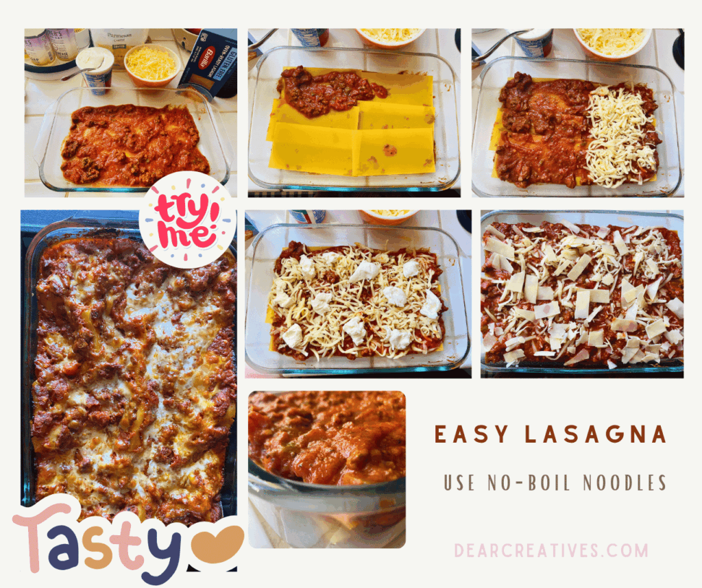 Step-by-Step Instructions and Recipe for Lasagna with GF No-Boil Noodles & meat sauce. Tips, substitutions, and recipe at DearCreatives.com