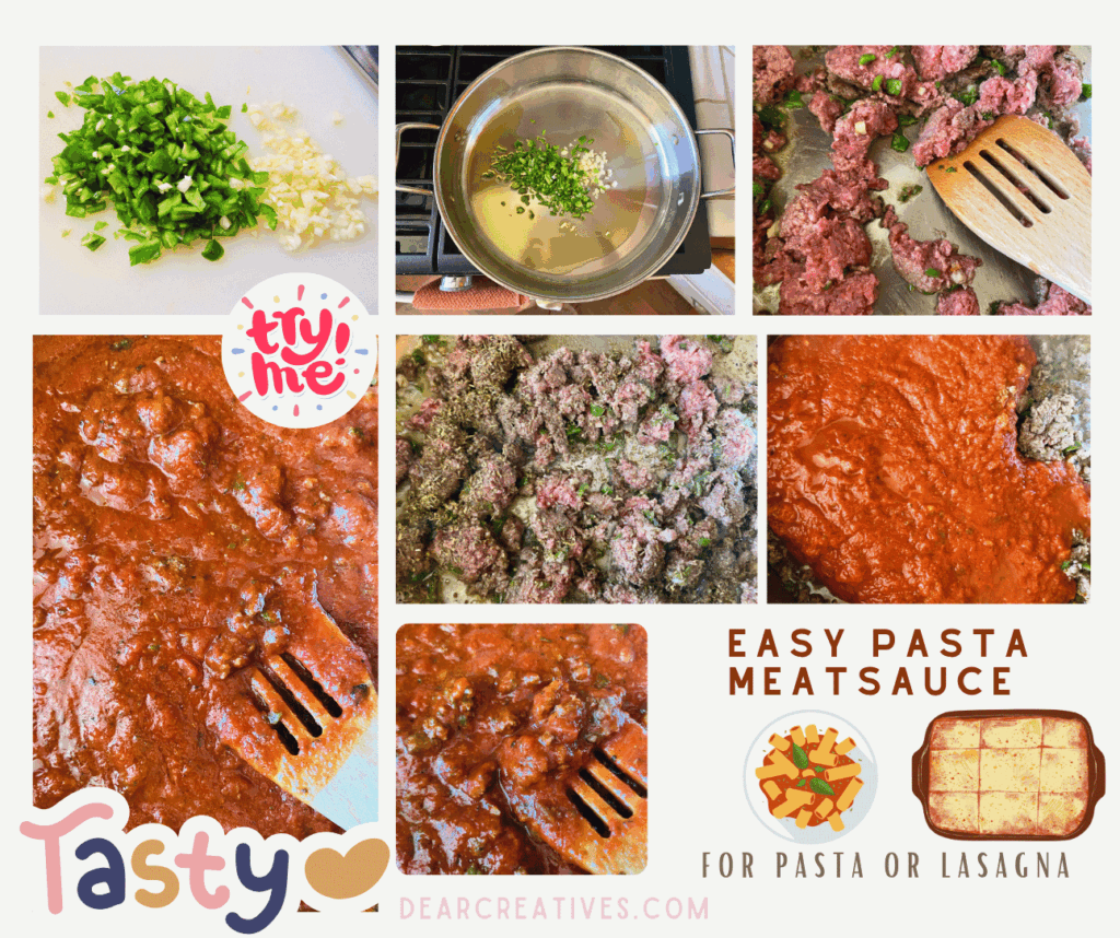 Step-by-Step Instructions for a quick and easy meat sauce for lasagna (or pasta). Get the recipe at DearCreatives.com