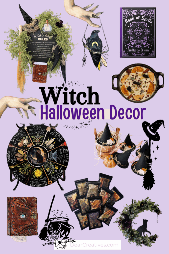 Witchy Halloween decor on Etsy, featuring a variety of witchy decorations like a welcome mat, candles, wall art, spell books, potions, a witch hat garland and a wreaths