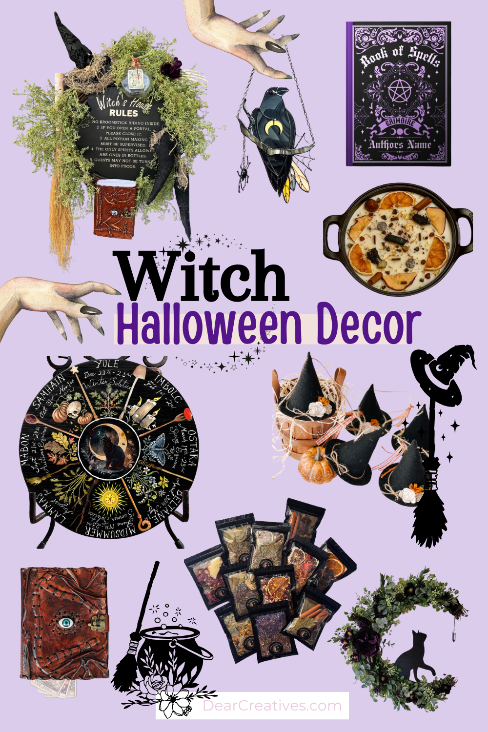 Witchy Halloween decor on Etsy, featuring a variety of witchy decorations like a welcome mat, candles, wall art, spell books, potions, a witch hat garland and a wreaths