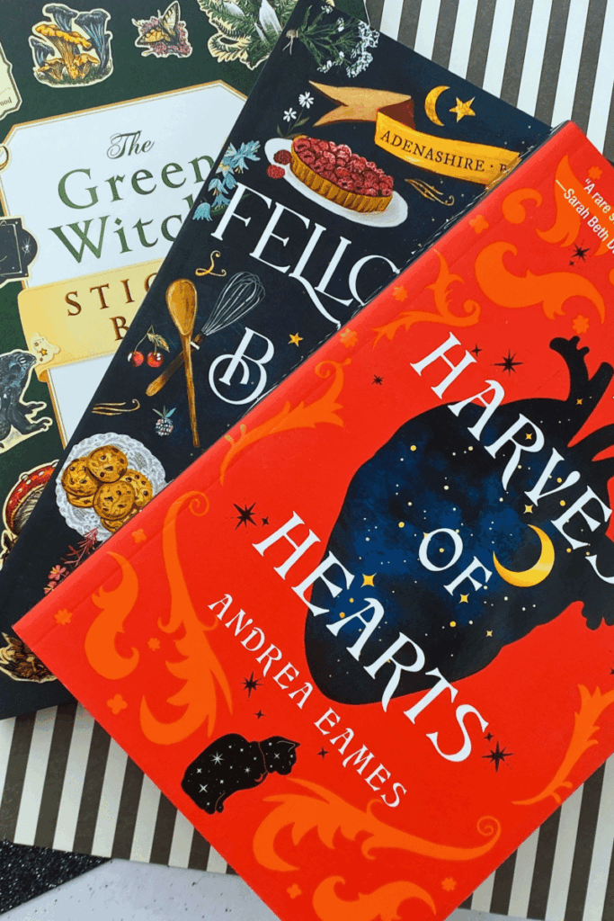 A stack to witchy books to read harvest of hearts, followship of bakers & magic, green witch sticker book... witch books to read and witchy novels.