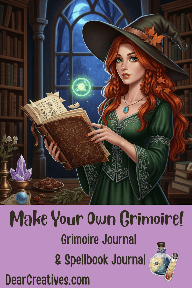 A young witch with red hair in a magical library holds an open grimoire, with the text overlay Make Your Own Grimoire! Grimoire Journal & Spellbook Journal.