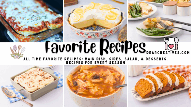 images of a delicious cheesy, meat lasagna, a lemon pie with graham cracker crust, parmesan crusted chicken sheet pan dinner with roasted green beans and potatoes, banana cake with cream cheese frosting, chicken tortilla soup, pumpkin loaf or pumpkin bread with cream cheese frosting.