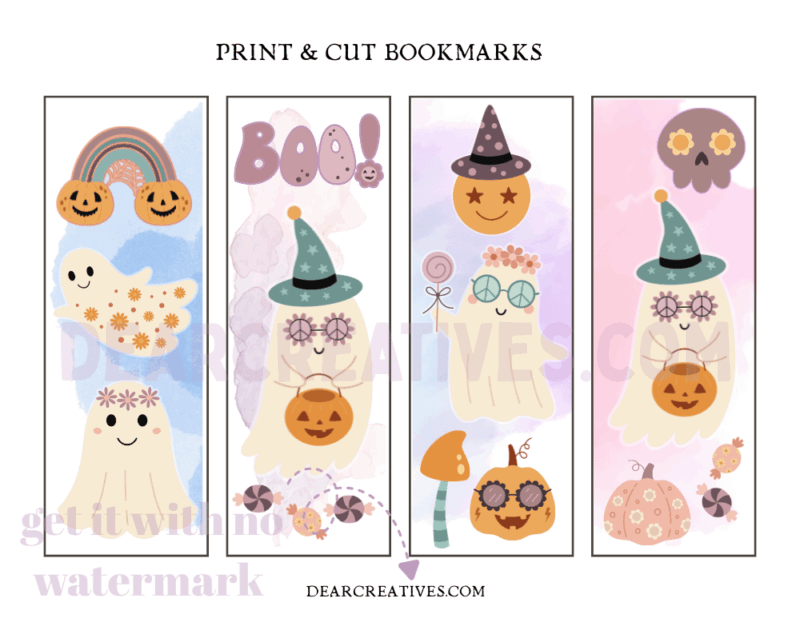 Bookmarks Halloween retro, cute, groovy, ghost bookmarks. For personal use only Mockup of printable to preview image©2025 DearCreatives.com