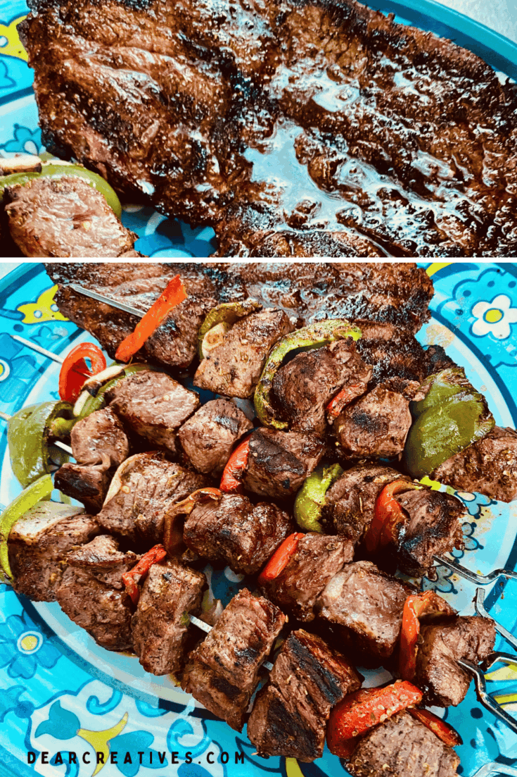 Grilled Sirloin Steak and Kabobs Grilled dinner. image of tender, juicy steak and shish kabobs with vibrant red and green peppers and onions, on a platter. Recipe at DearCreatives.com