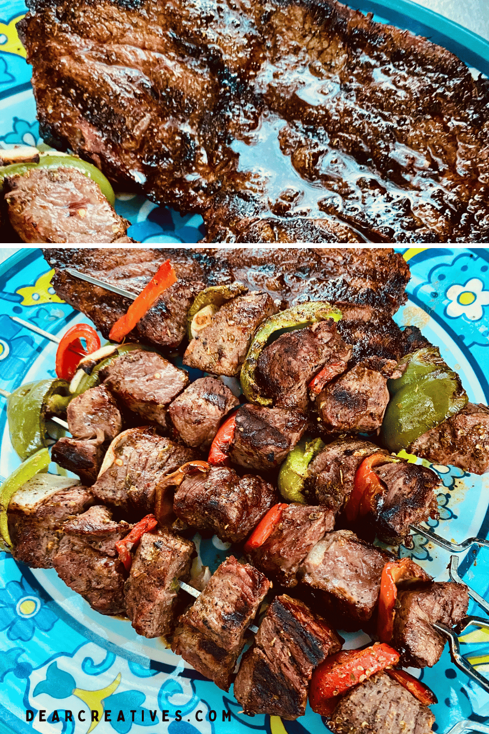 Grilled Sirloin Steak and Kabobs Grilled dinner. image of tender, juicy steak and shish kabobs with vibrant red and green peppers and onions, on a platter. Recipe at DearCreatives.com