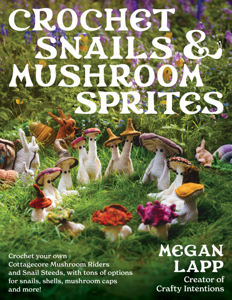 Crochet Snails & Mushroom Sprites Book cover with whimsical mushrooms and snails