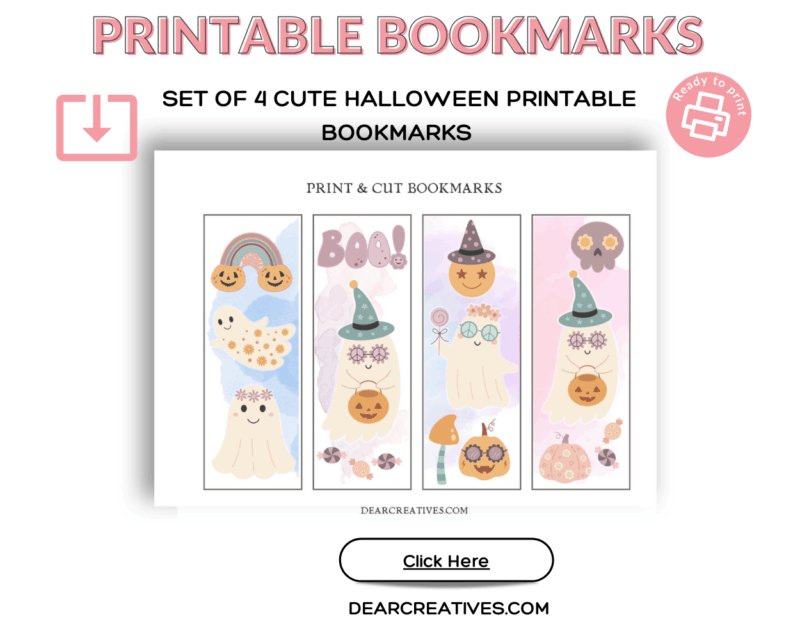 Printable Bookmarks Set of 4 Pastel Halloween Printable Bookmarks Groovy Ghosts and Ghosts with With Hats... Click over to find out more! They are so fun to use! DearCreatives.com Pastel Halloween Bookmarks