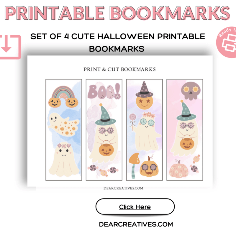 Printable Bookmarks Set of 4 Pastel Halloween Printable Bookmarks Groovy Ghosts and Ghosts with With Hats... Click over to find out more! They are so fun to use! DearCreatives.com Pastel Halloween Bookmarks