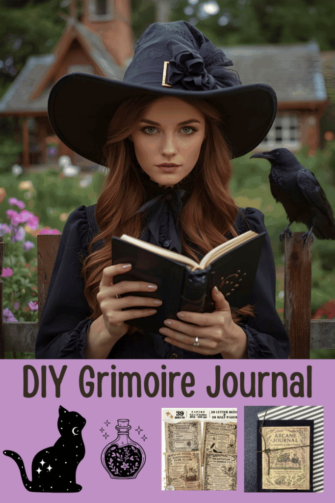 image of a green witch in front of a picket fence with a crow on it and garden with flowers and a cottage in the background. Text below DYI Grimoire Journal with other images of cat, potion bottle