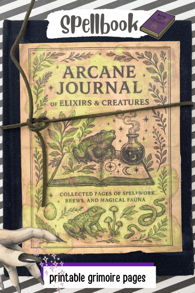 image of a spell book journal or grimoire book cover made from printable grimoire pages that come in a journal kit with a witch aesthetic. DearCreatives.com