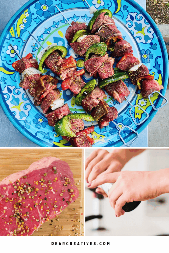 seasoned sirloin steak and seasoned shish kabobs ingredients sirloin steak, bell peppers and onions ready to grill. a woman's hand seasoning steak. Grilled Dinner recipe at DearCreatives.com