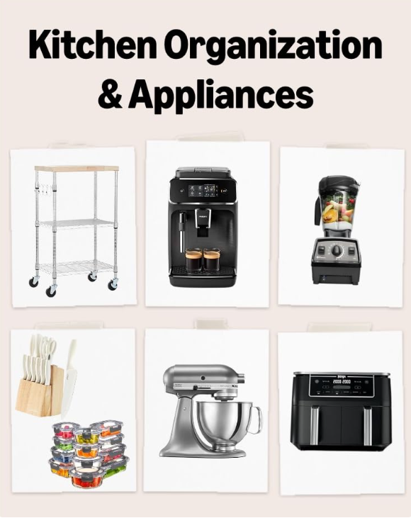 Prime Day Deals Kitchen Organization and Appliances: Kitchen cart with wheels, dual coffee maker espresso machine, blender, knife set, glass storage containers with lids, kitchen aid stand mixer, air fryer click to see full list.  