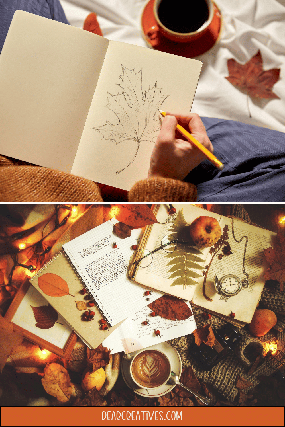 Cozy fall and winter creative process, showing a hand drawing a leaf in a sketchbook next to a mug of coffee and pine cones for the 45-day craft challenge.