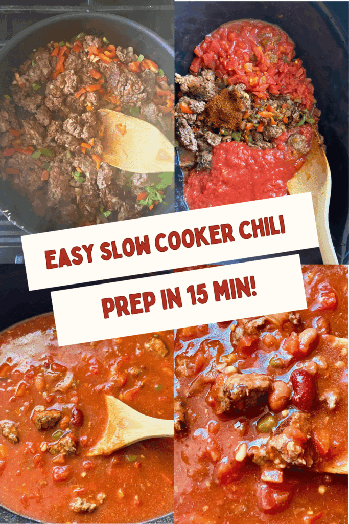 
Four step-by-step images cooking the ground beef, adding the chili ingredients to the slow cooker, cooking the chili and the chili close up on a spoon