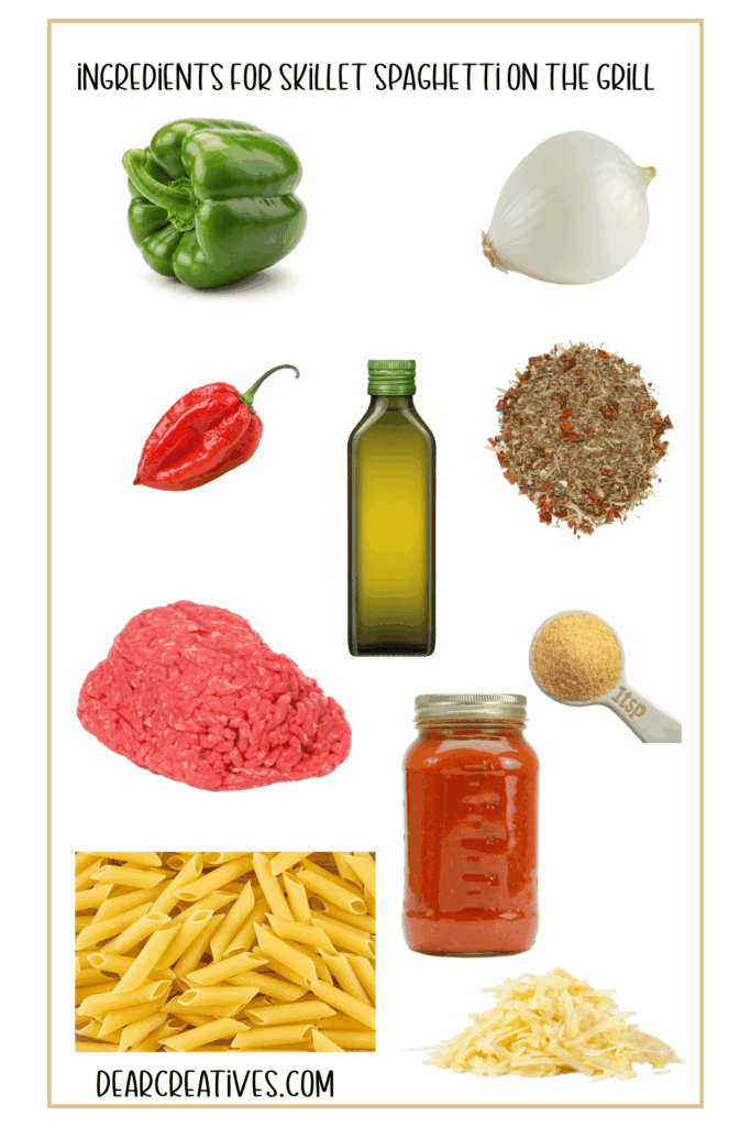 Ingredients for Skillet Spaghetti on the Grill green bell pepper, white onion, red pepper, ground beef, olive oil, herbs and spices, tomato sauce in a jar, pasta noodles, and parmesan cheese