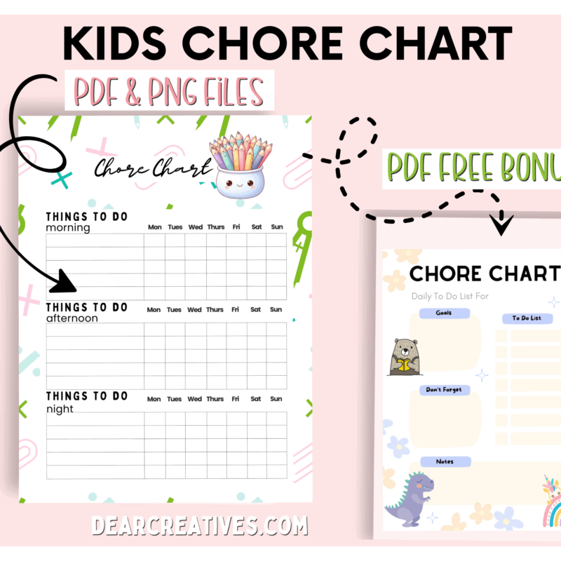 Kids' Chore Chart Download this instant Kids Printable Chore Chart, a reusable one-page PDF and PNG checklist perfect for printing or using digitally on your iPad or tablet ©2025 DearCreatives.com