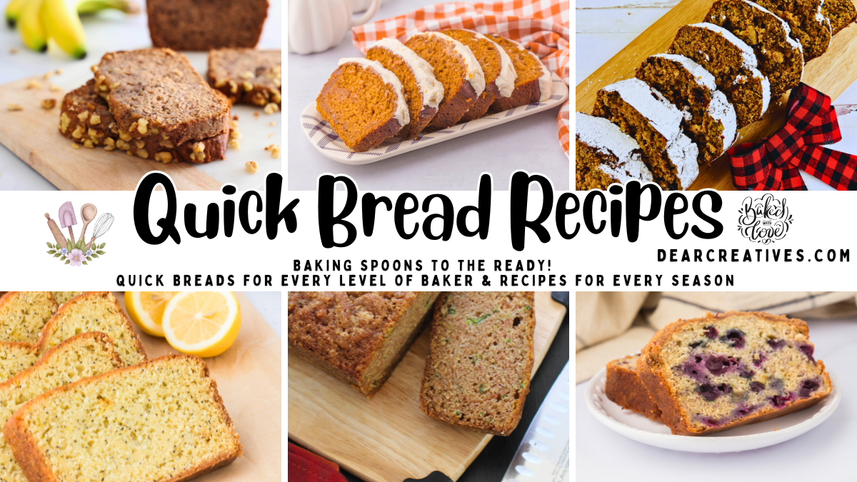 Quick bread recipes collage featuring banana walnut, zucchini, pumpkin, and lemon poppyseed loaves for every season.